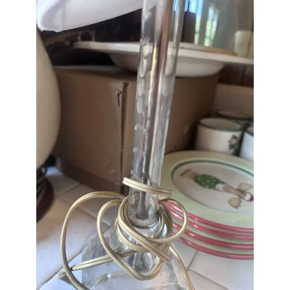 Vintage Etched Crystal Glass Table Lamp Faceted Base Clear Boudoir Accent Works
